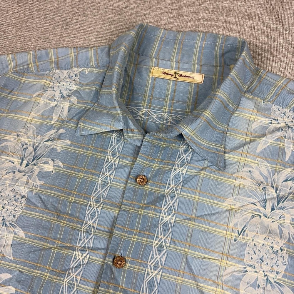 Tommy Bahama Shirt Mens 2XL Blue Silk Pineapple Plaid Short Sleeve Button Up